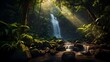 Panoramic view of a waterfall in the rainforest with sunlight