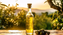 A Bottle Of Olive Oil Sits On A Table Next To A Basket Of Olives. The Scene Is Set In A Sunny Outdoor Setting, With Trees In The Background