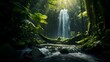 Waterfall in tropical rainforest. Panoramic view of waterfall in rainforest.