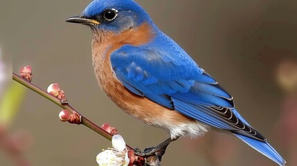 Sticker -  A clear blue bird on a branch holding a flower, against a crisp background