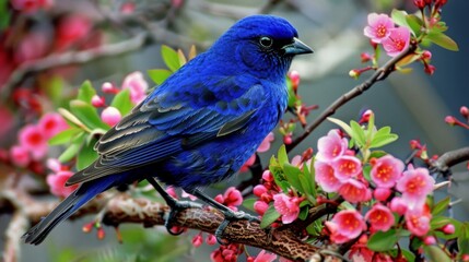 Canvas Print -  A blue bird perches on a tree's branch amidst pink flowers, while the background remains fuzzy