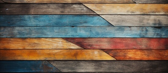 Wall Mural - A detailed shot of a vibrant hardwood wall with a geometric pattern, showcasing the intricate design of the building material used in the house