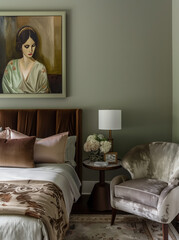 Wall Mural - A bedroom with sage green walls, the headboard of the bed is dark wood and velvet, and there's an oil painting on canvas above it that depicts a portrait of a woman in a vintage dress.