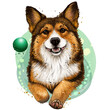 A Pembroke Welsh Corgi dog. A color, watercolor image of a dog running after a ball. 