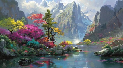 Poster -  A stunning landscape painting featuring a river, trees in the foreground, and a majestic mountain range in the backdrop