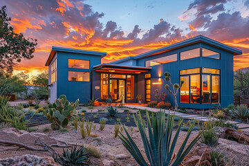 Stunning contemporary home against fiery sunset, cool blue exterior, curated front yard with native plants, welcoming atmosphere, vibrant and clear.