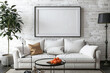 Modern apartment living room with blank mock-up frame above sofa. Contemporary styled interior featuring gray sofa, an empty frame on the wall and house plants