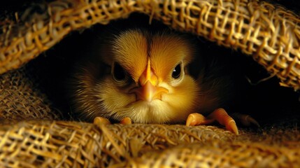 Poster -  A close-up photo of a tiny bird emerging from a burlap sack