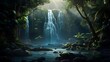 Panorama of a waterfall in a tropical rainforest. 3d rendering