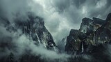 Fototapeta Tulipany -  A mountain shrouded in mist and clouds, with a waterfall cascading from its peak, occupies the center of the photo