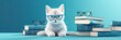 cat in glasses reading a book on blue background, we banner format.