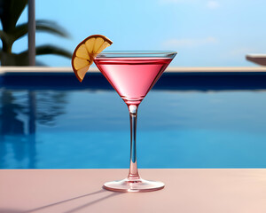 juice in a glass on the background of the swimming pool