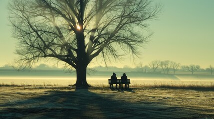 Poster -  Two people sitting on a bench under a foggy tree with sunlight filtering through branches