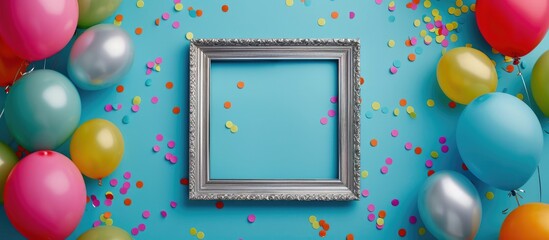 Wall Mural - Colorful balloons, silver frame, and confetti on a blue background seen from above. Ideal for birthday or party planning. Presented in a flat lay style with room for adding text.