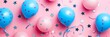 Banner with inflatable bright birthday balloons, holiday with silver stars, anniversary in pink and blue color