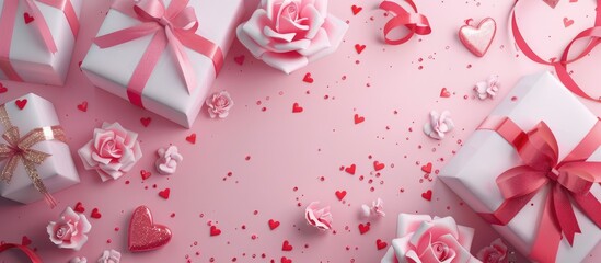 Wall Mural - Heart-shaped ribbon with gift boxes and roses on a pink backdrop. A composition to encompass Valentine's Day, Mother's Day, and birthday celebrations, portraying a romantic theme.