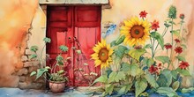  Watercolor Painting Style Artful Illustration, Beautiful Sunflower Pot With Vintage Wooden Door, Spring Home Gardening , Generative Ai