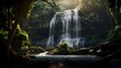 Panorama of a beautiful waterfall in the forest at sunset. Panoramic image.