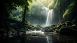 Panoramic view of a beautiful waterfall in a tropical forest.