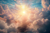 Fototapeta Konie - Illustration of a stairway ascending towards heavenly realms with a bright sky, clouds, and sun shining through the stairway. Symbolizing spiritual transcendence and enlightenment. 