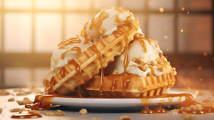 Wall Mural - Delicious waffles with caramel sauce and ice cream on light background