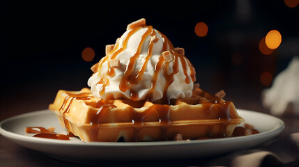 Wall Mural - Belgian waffles with caramel and whipped cream on a dark background
