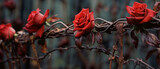 Withering red roses hanging from rusty rural farm barb wire fence on a rainy overcast day with a grim dark art overtone of the beauty of love overcoming hardships in life.