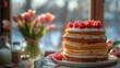  A platter featuring sweetened pancakes adorned with sliced strawberries, surrounded by a bouquet of tulips