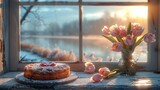 Fototapeta Tulipany -  A cake rests on a table beside vases of tulips and flowers
