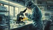 An elegant, detailed portrayal of a healthcare professional in a brightly lit, state-of-the-art laboratory, wearing protective equipment while handling a microscope, copy space for text