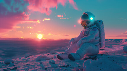 Poster - An astronaut resting on a mountain in sunset