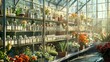 An idyllic, sunlit greenhouse filled with a rich variety of healing plants and flowers, each carefully labeled with their homeopathic uses.
