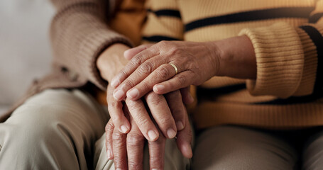 Poster - Senior, couple and hands for empathy on sofa with support, grief and comfort in living room of house. Old people, man and woman with love and embrace for security, compassion and sympathy on couch