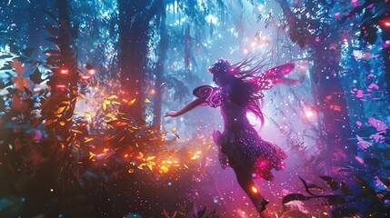 colorful magical dancing fairy in enchanted fantasy forest