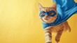 superhero cute red kitten on plain sunny yellow studio background