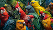 Assorted Tropical Parrots Perched in Lush Greenery
