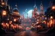 Fantasy night scene with old city and moon. 3D rendering