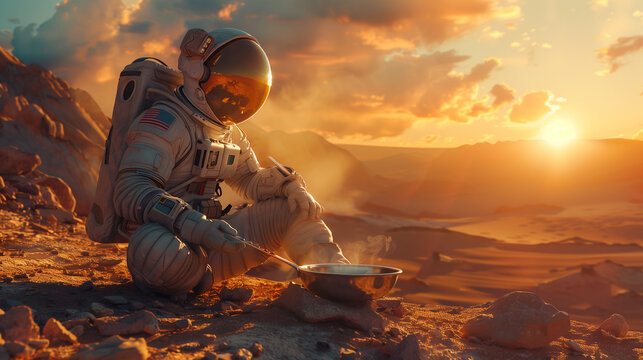 An astronaut cooks lunch on a mountain