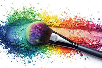Wall Mural - Professional make-up brush on rainbow crushed eyeshadowisolated on solid white background.