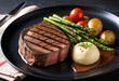 close up of medium rare steak on black dish