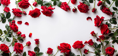 Wall Mural - Red roses border frame on the white background copy space