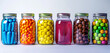 Colorful jars filled with candies, isolated on white background, blank label.