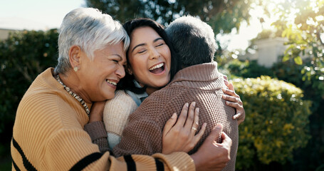 Poster - Mexican family, hug and smile for reunion, outdoors and love for support, retirement and care. Elderly parents and daughter, visit and happy in backyard, bonding and embrace for quality time at home