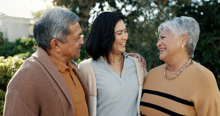 Sticker - Woman, laughing or senior parents hug for bonding, support or love in backyard of a family house. Old man, funny or mature mom with a happy daughter in outdoor porch together on holiday vacation