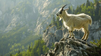 Portrait white goat on a mountain rock forest. Generated AI image