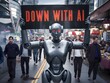 Robot protesting against artificial intelligence on a bustling city street