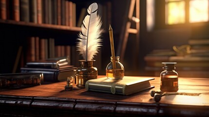 Wall Mural - old quill pen with inkwell and papers on wooden desk