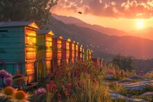 Bees Are Buzzing Around Vibrantly Colored Hives During The Enchanting Golden Hour In A Serene Meadow Setting