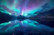 Vivid aurora borealis lights up the night sky and mirror perfectly in the placid waters below rugged mountains