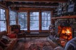 © ChaoticMind - A classic log cabin interior welcomes with a warm fireplace and a snowy window view, perfect for a winter retreat